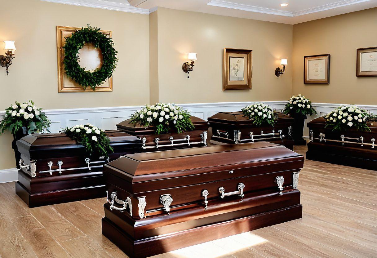 A serene funeral parlor setting with elegant wooden and metal caskets of various prices, displayed tastefully. The scene should include a gentle, comforting ambience with soft lighting and a touch of floral decoration. Display the Tobiacasket logo subtly in the background to emphasize the brand. super-realistic. muted colors. calming atmosphere.