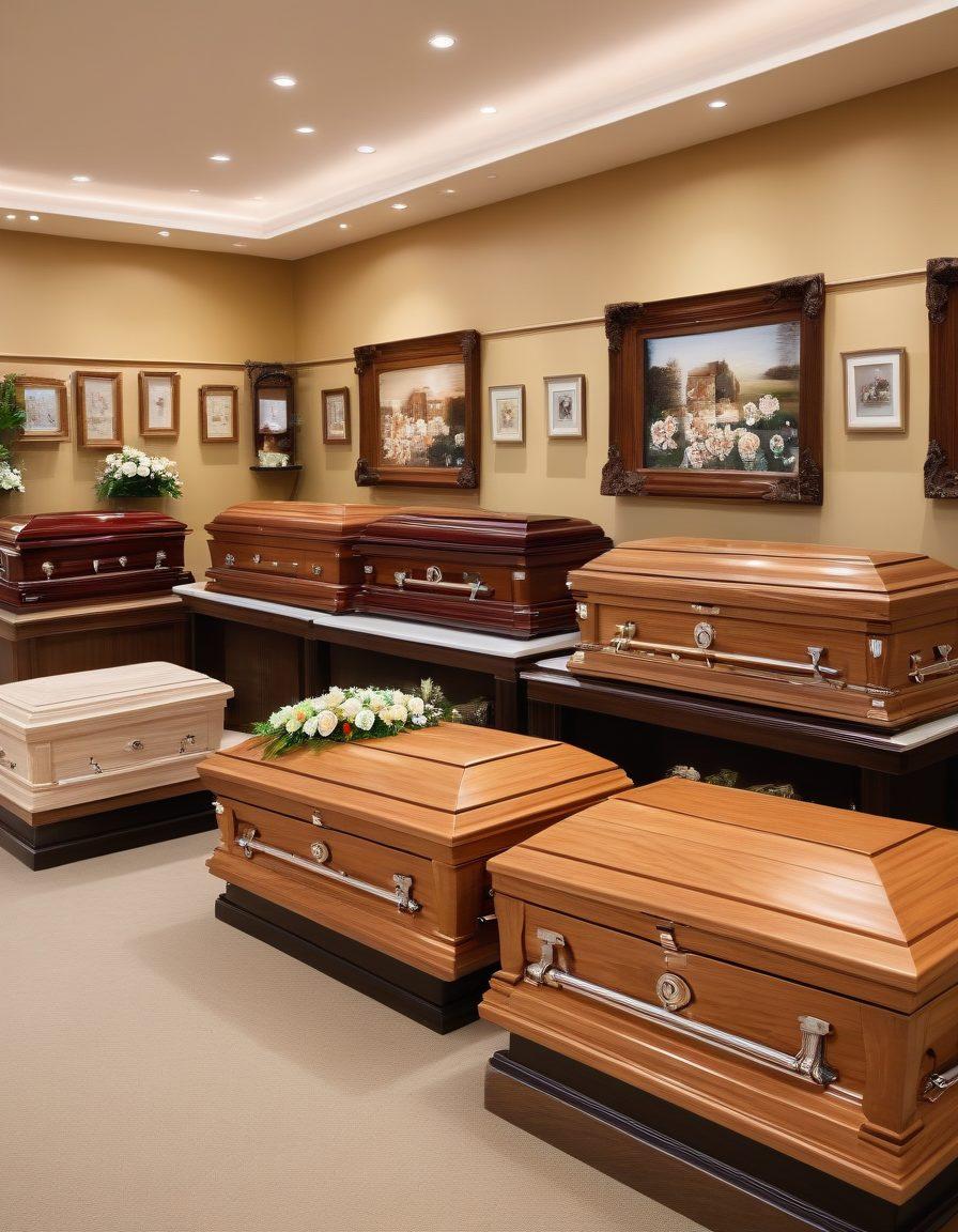 A serene and elegant scene in a showroom with beautifully crafted caskets displayed; a friendly representative assisting a family, highlighting quality craftsmanship and affordability. Soft lighting and warm colors impart a comforting atmosphere. super-realistic. warm tones. inviting and peaceful.