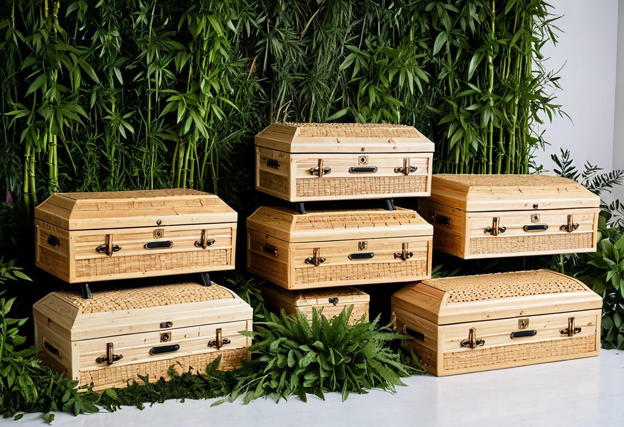 A visually compelling display of various caskets, transitioning from traditional wooden designs to modern eco-friendly options made of bamboo, wicker, and recycled materials. Include subtle nature elements like leaves or flowers interspersed with the caskets to emphasize sustainability. Arrange caskets in a harmonious, aesthetically pleasing manner. super-realistic. vibrant colors. white background.